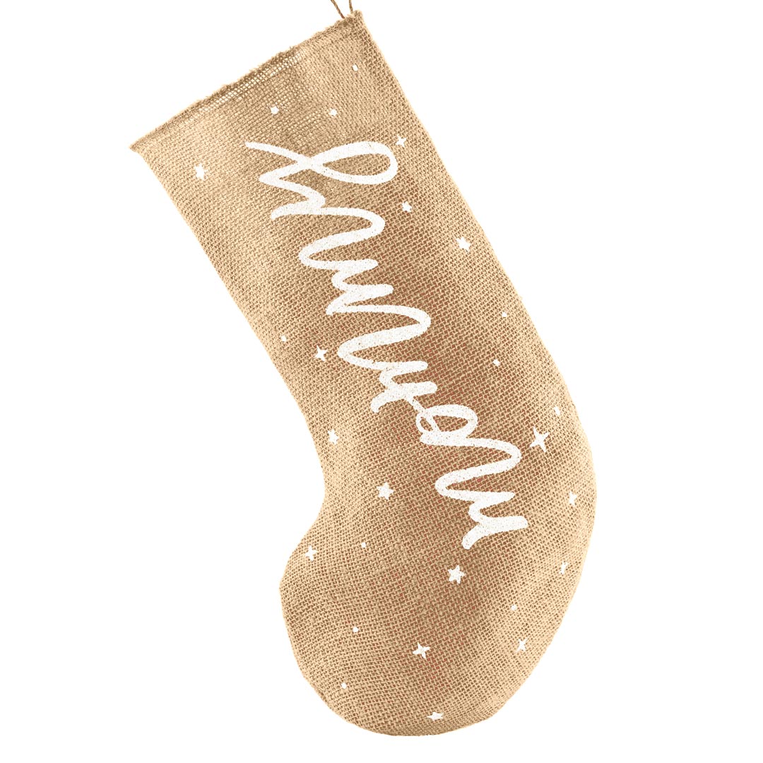 Calcetín de Navidad de yute con texto Mommy en blanco