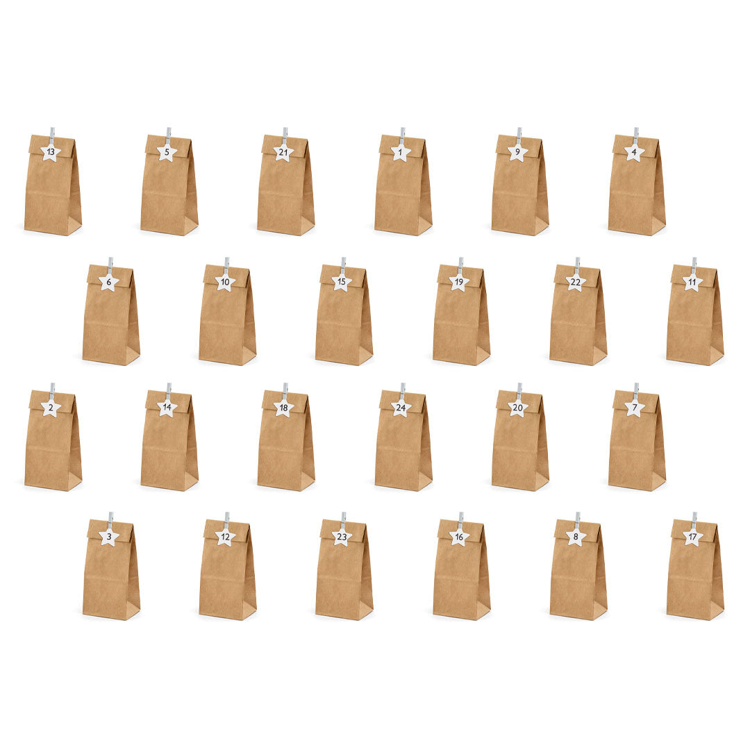 Conjunto del Kit de 24 bolsas de papel kraft con estrellas numeradas y pinzas de madera para calendario de adviento