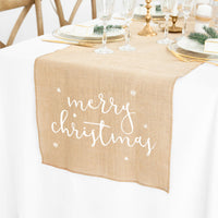 Camino de mesa de yute con inscripción Merry Christmas en blanco