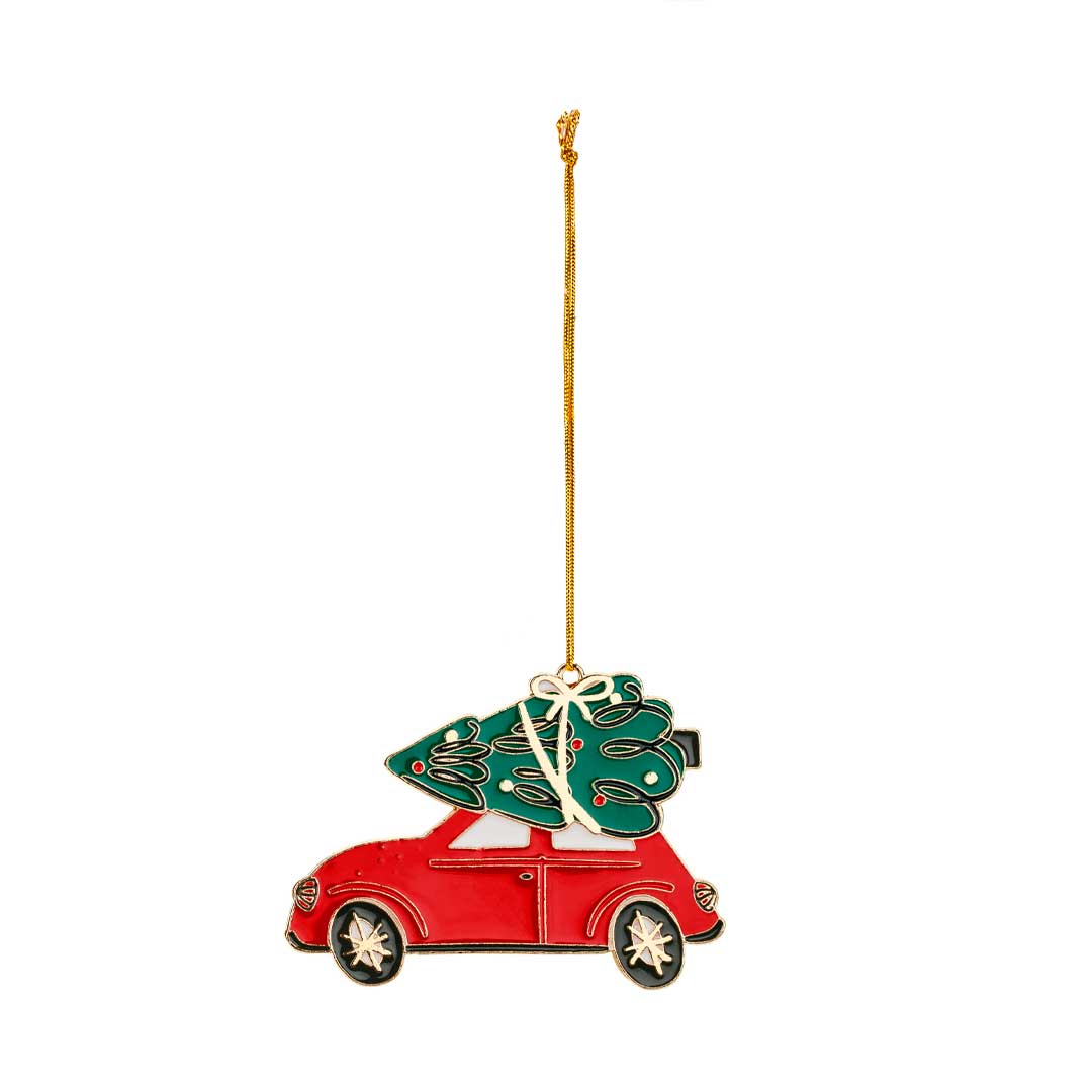Detalle del colgante metálico con forma de coche rojo con árbol de Navidad, 9 cm