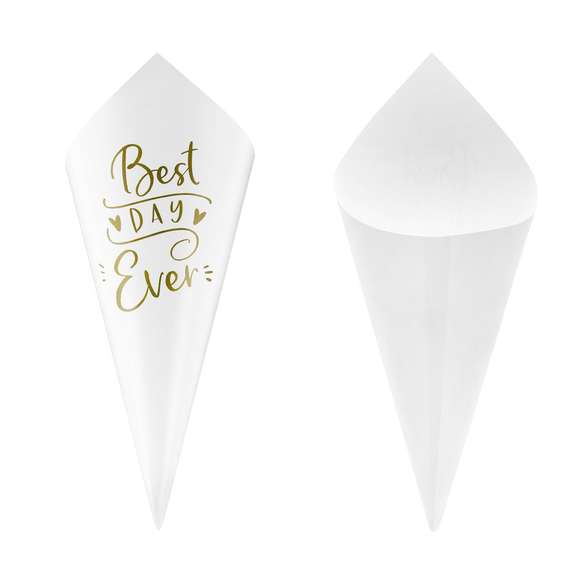 Detalle del cono de papel blanco con inscripción dorada Best Day Ever. Pack de 10 conos de 16 cm para bodas.