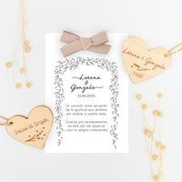 corazón de madera grabado con tarjeta de agradecimiento para invitados de Boda de la colección Bosque Secreto