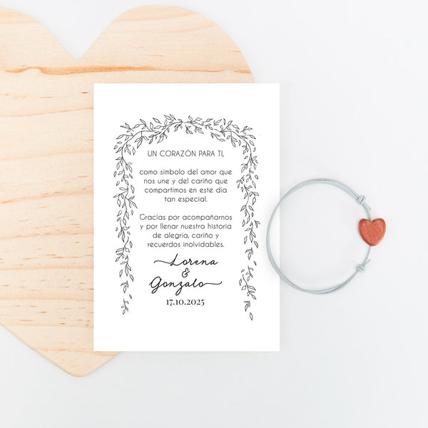 pulsera con tarjeta corazón para invitados de boda de la colección Bosque Secreto