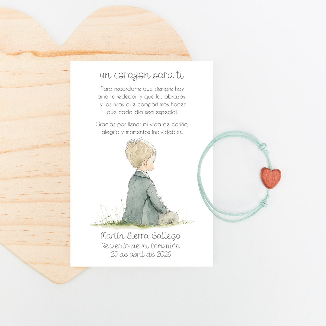 pulsera en tarjeta corazón para invitados de comunión con diseño de la colección boho. 