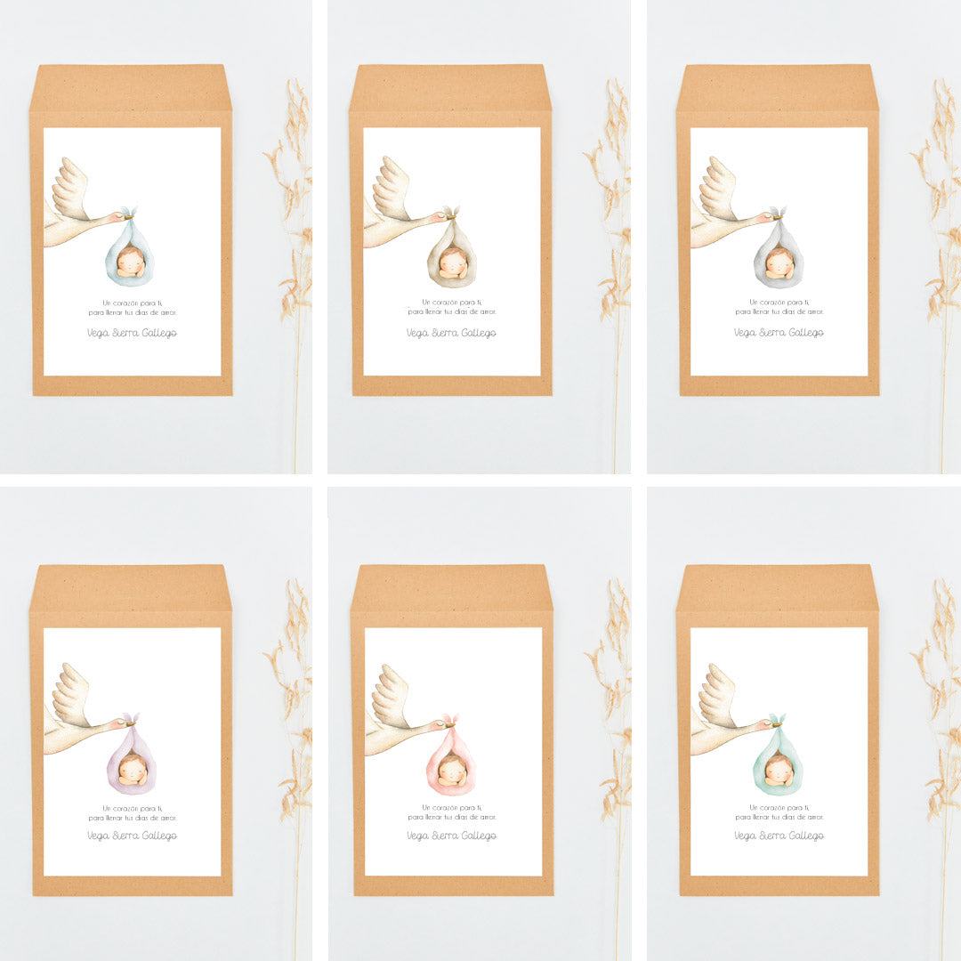 opciones de color de la bolsa de la pulsera corazón para invitados de bautizo de la colección Cigüeña