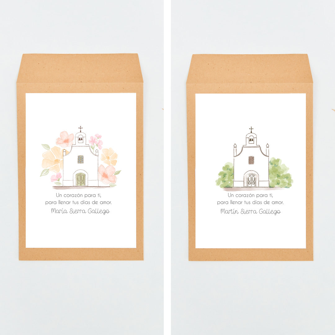 Opciones de diseño, de la colección iglesia, para los sobres de las pulseras corazón para invitados de comunión.