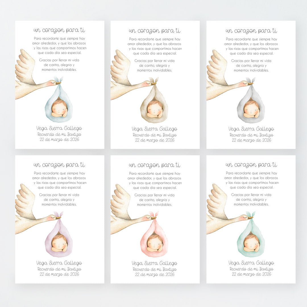 Tarjeta para invitados de bautizo que acompaña a la pulsera corazón. Diseño de la colección Cigüeña. 