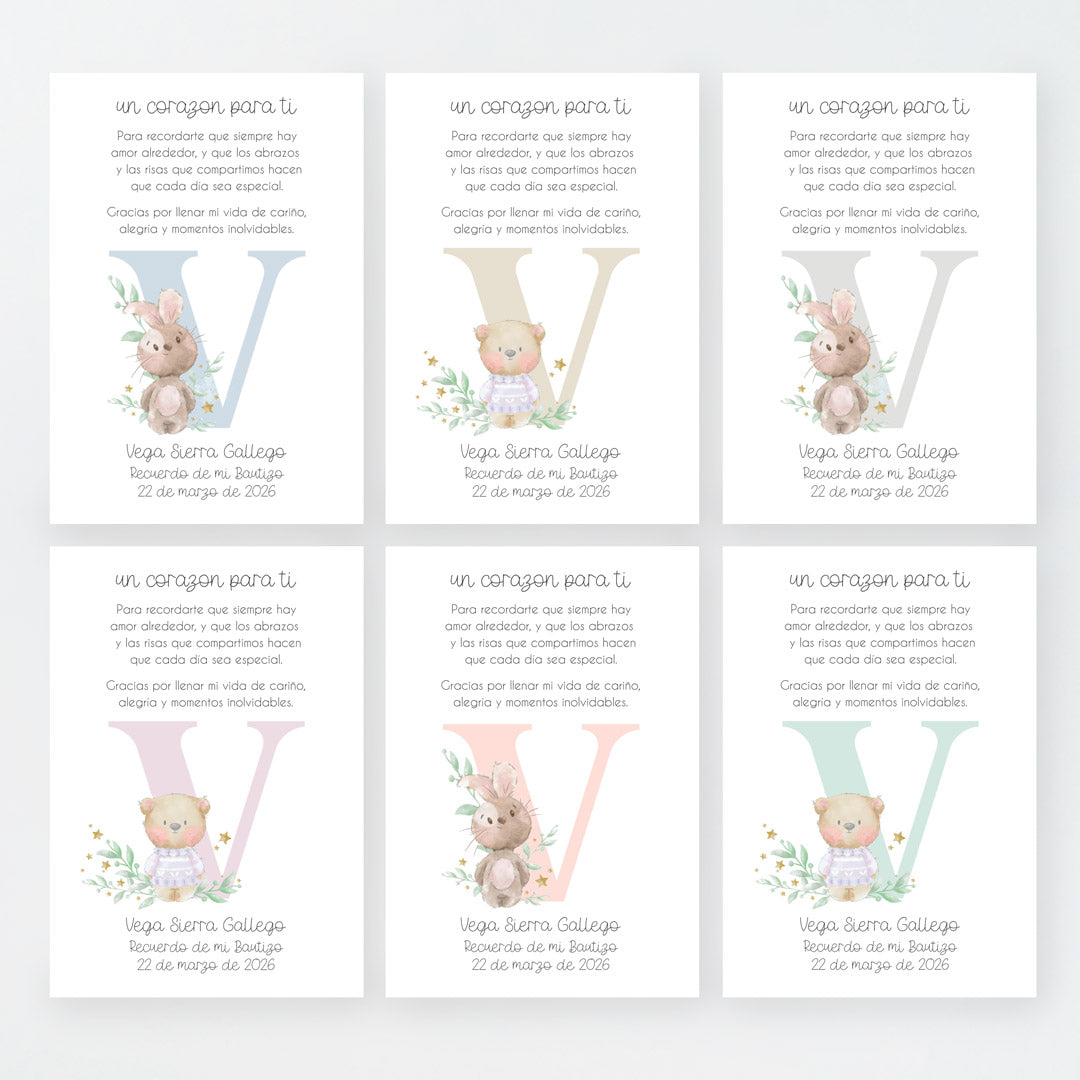 Tarjeta para invitados de bautizo que acompaña a la pulsera corazón. Diseño de la colección Inicial. 