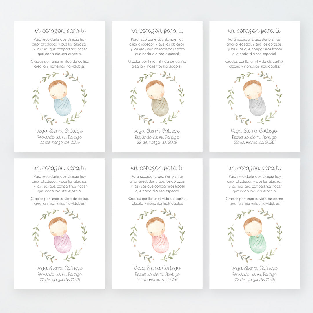 Tarjeta para invitados de bautizo que acompaña a la pulsera corazón. Diseño de la colección Rosquito Bebé. 