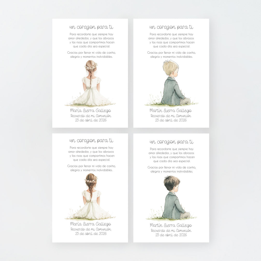 Tarjeta para invitados de comunión que acompaña a la pulsera corazón. Diseño de la colección boho. 