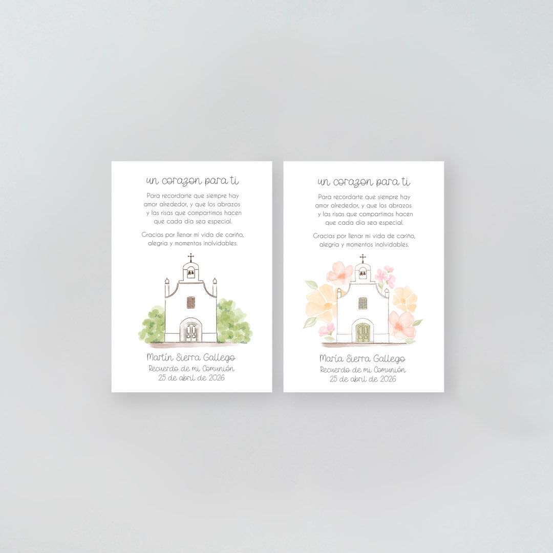 Tarjeta para invitados de comunión que acompaña a la pulsera corazón. Diseño de la colección Iglesia. 