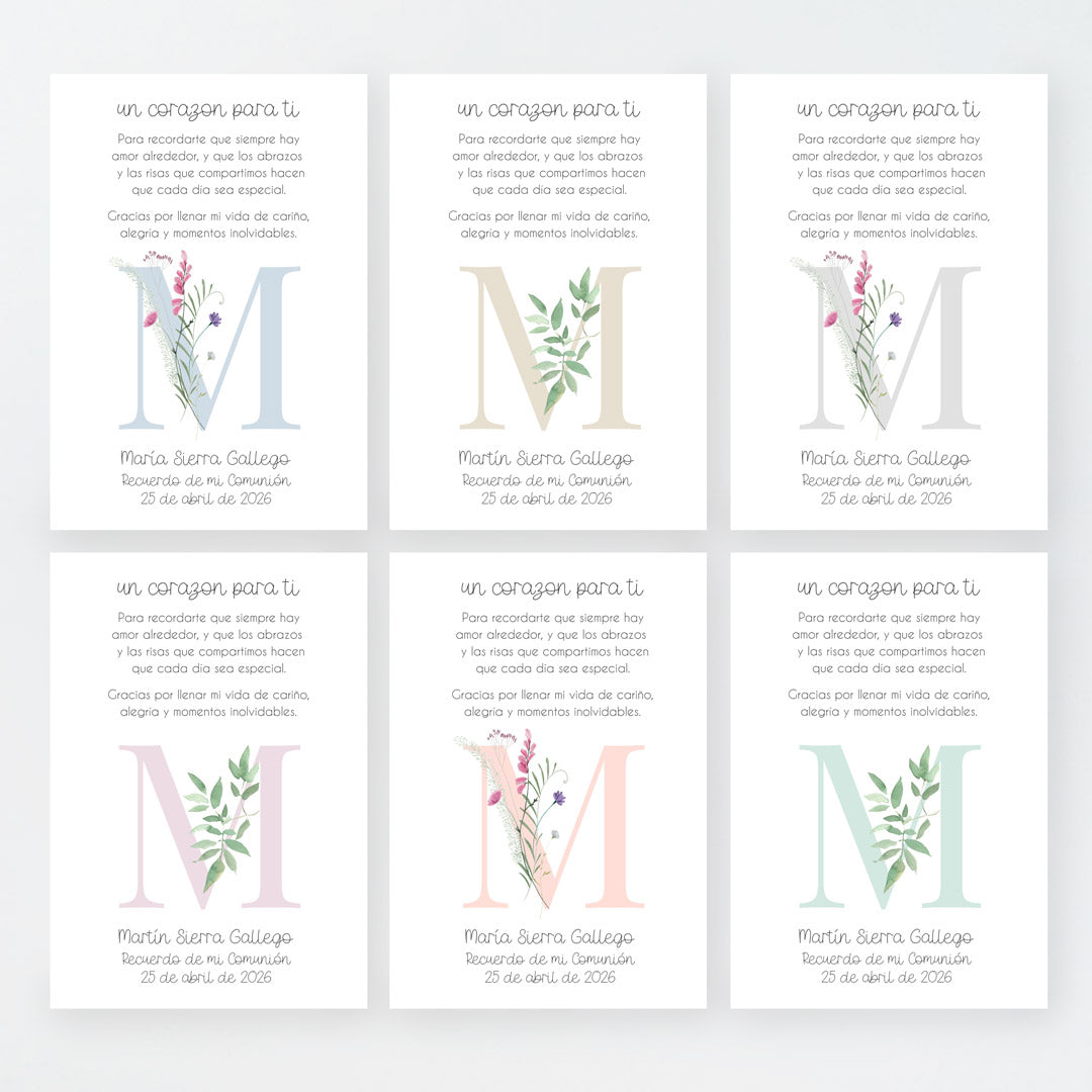 Tarjeta para invitados de comunión que acompaña a la pulsera corazón. Diseño de la colección Inicial. 