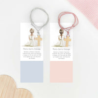 Colgante cruz de madera para comunión con marcapáginas de la colección boho. 