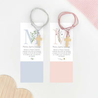 Colgante cruz de madera para comunión con marcapáginas de la colección incial ramas o flores. 