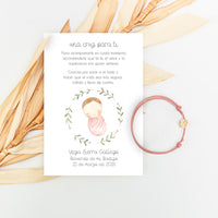 Pulsera con tarjeta cruz para invitados de bautizo con diseño de rosquito bebé. 