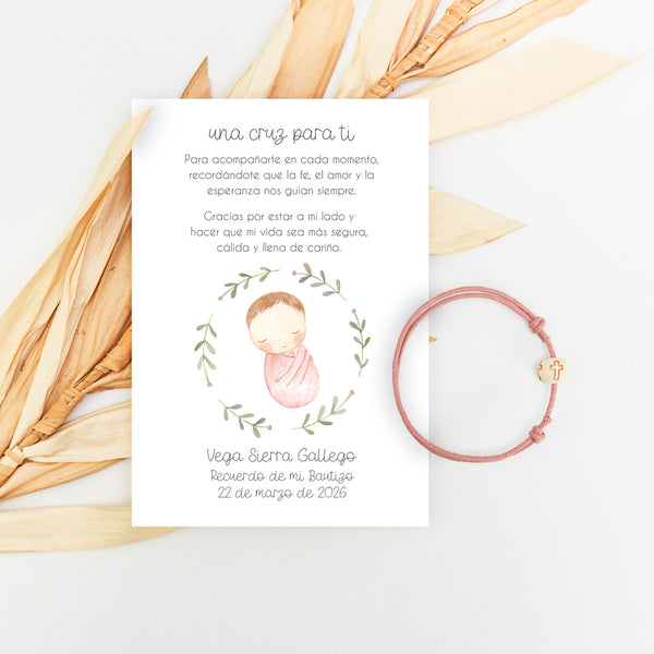 Pulsera con tarjeta cruz para invitados de bautizo con diseño de rosquito bebé. 