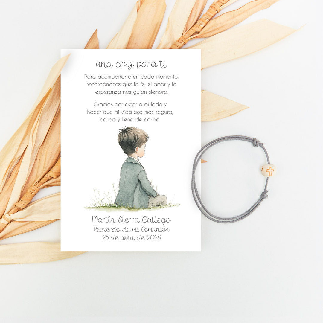Pulsera cruz con tarjeta de la colección boho para invitados de comunión. 