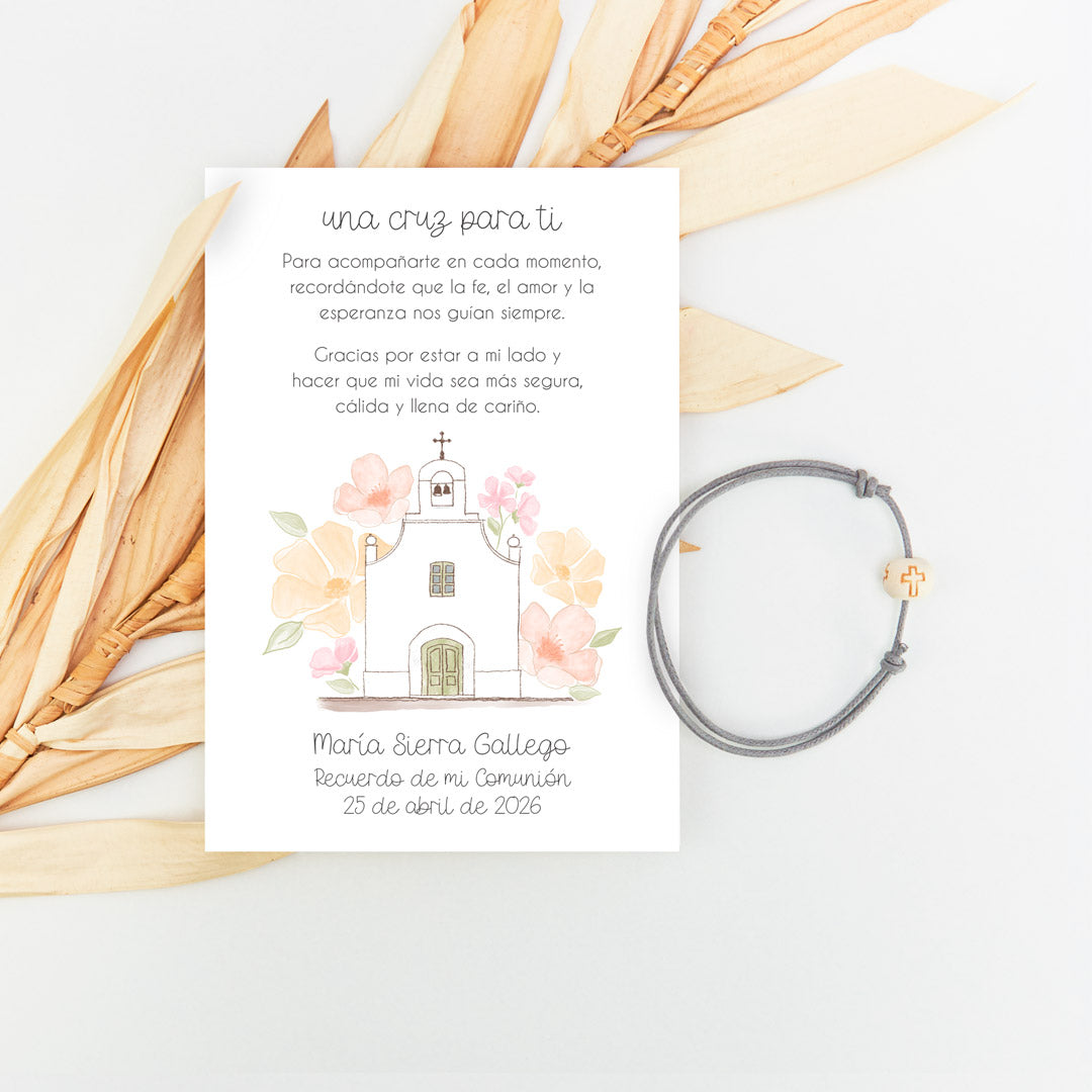 Pulsera cruz con tarjeta de la colección iglesia para invitados de comunión. 
