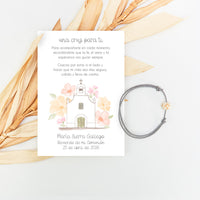 Pulsera cruz con tarjeta de la colección iglesia para invitados de comunión. 