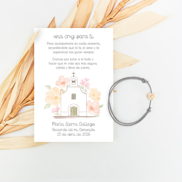 Pulsera cruz con tarjeta de la colección iglesia para invitados de comunión. 