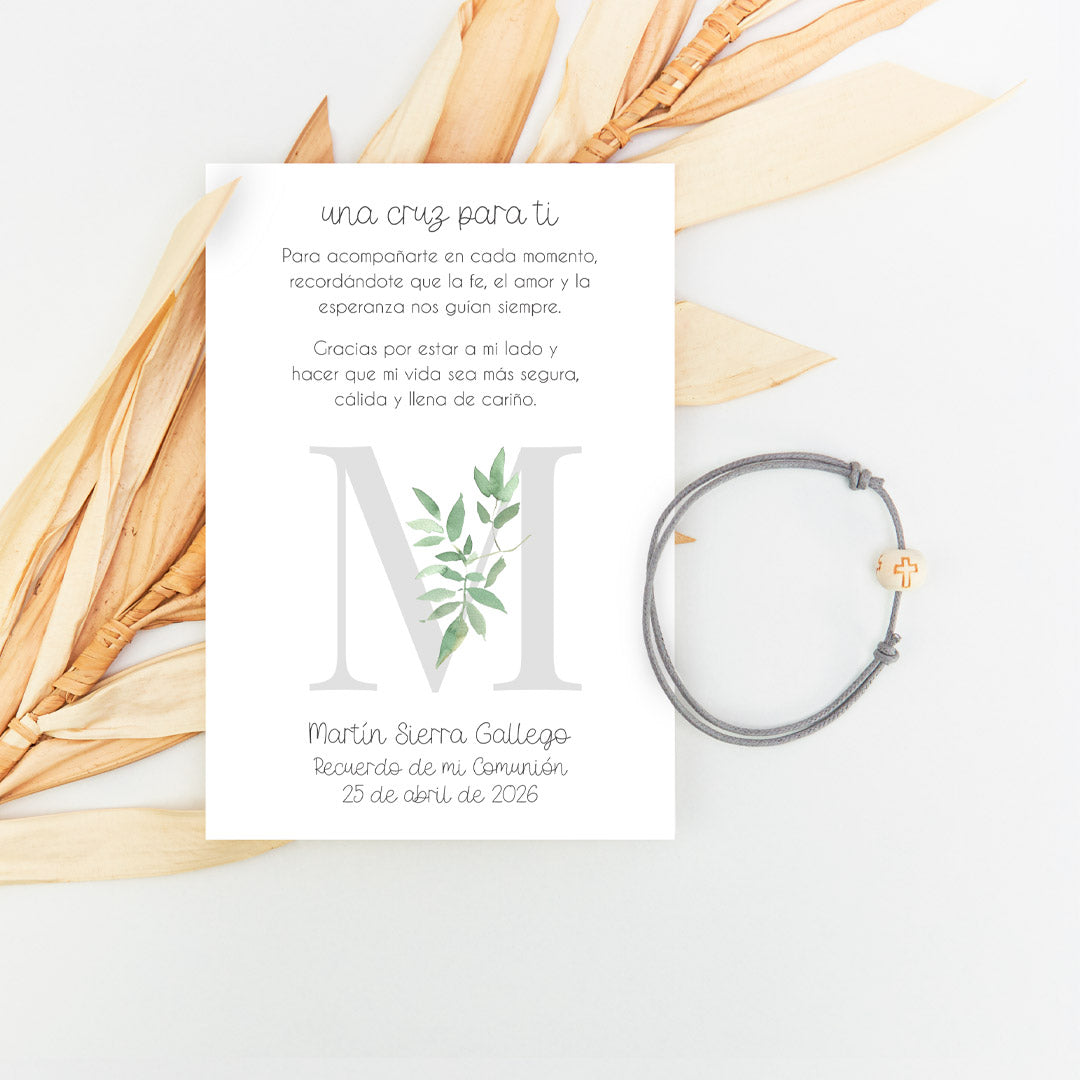 Pulsera cruz con tarjeta de la colección inicial para invitados de comunión. 