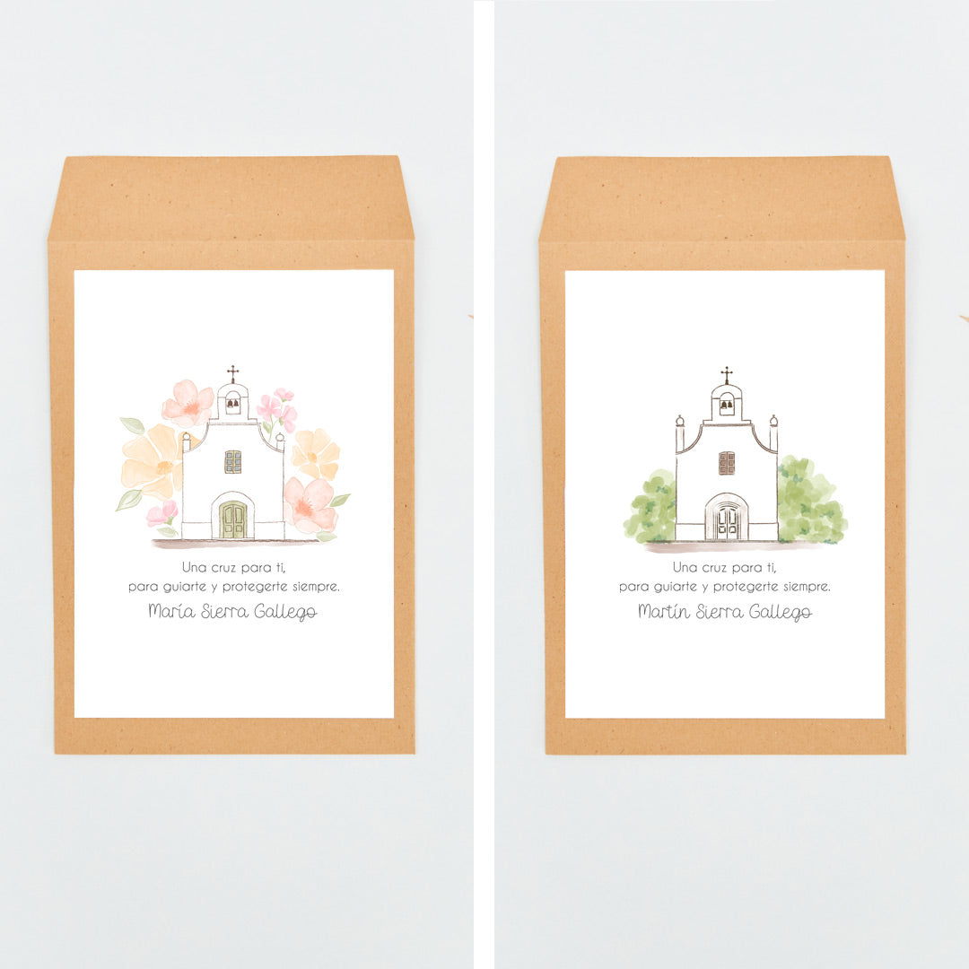 Opciones de diseño para los sobres de las pulseras cruz de la colección iglesia para invitados de comunión.