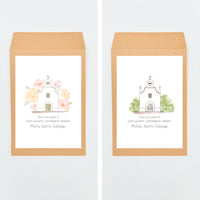 Opciones de diseño para los sobres de las pulseras cruz de la colección iglesia para invitados de comunión.