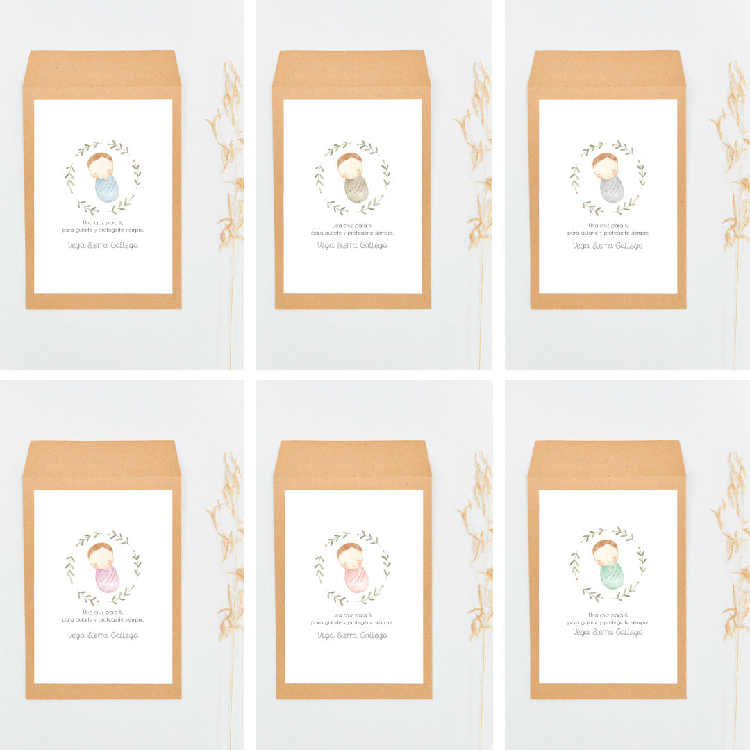 Opciones de diseño para los sobres de las pulseras cruz de la colección rosquito bebé para invitados de bautizo.