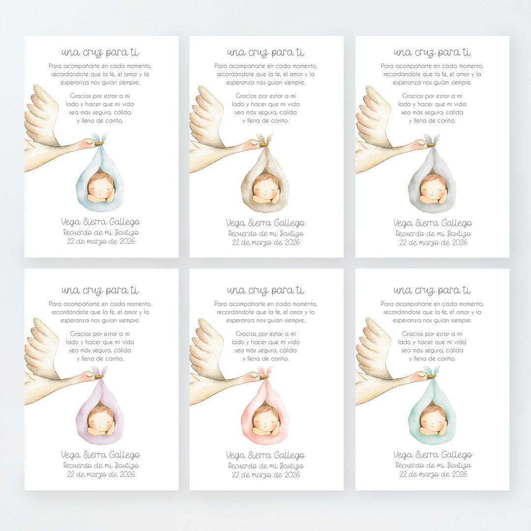 Tarjeta para invitados de bautizo que acompaña a la pulsera cruz. Diseño de la colección Cigüeña.