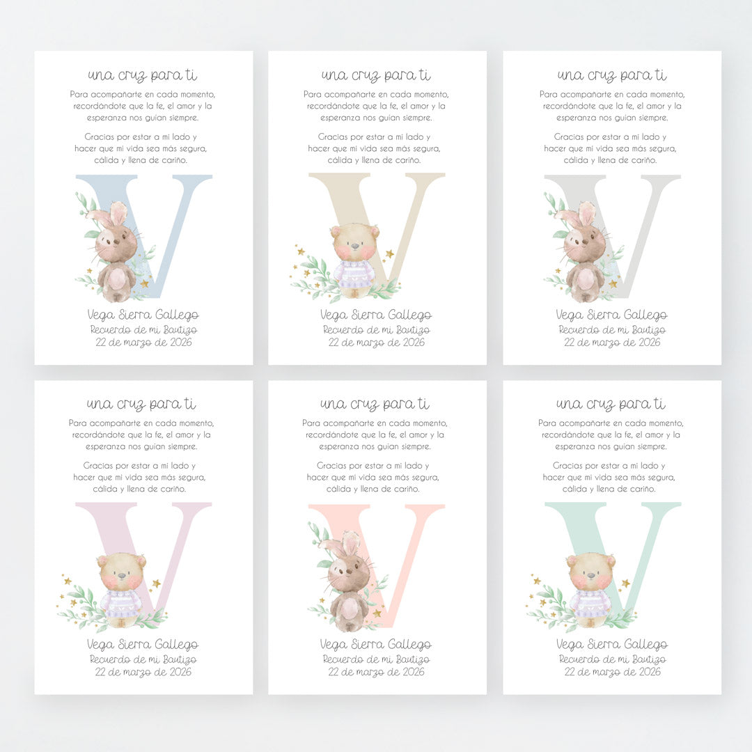 Tarjeta para invitados de bautizo que acompaña a la pulsera cruz. Diseño de la colección Inicial. 