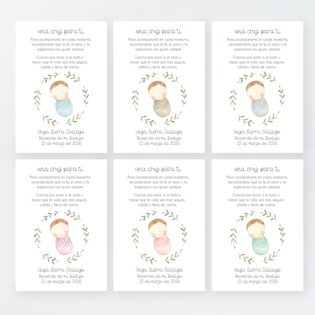 Tarjeta para invitados de bautizo que acompaña a la pulsera cruz. Diseño de la colección Rosquito Bebé. 