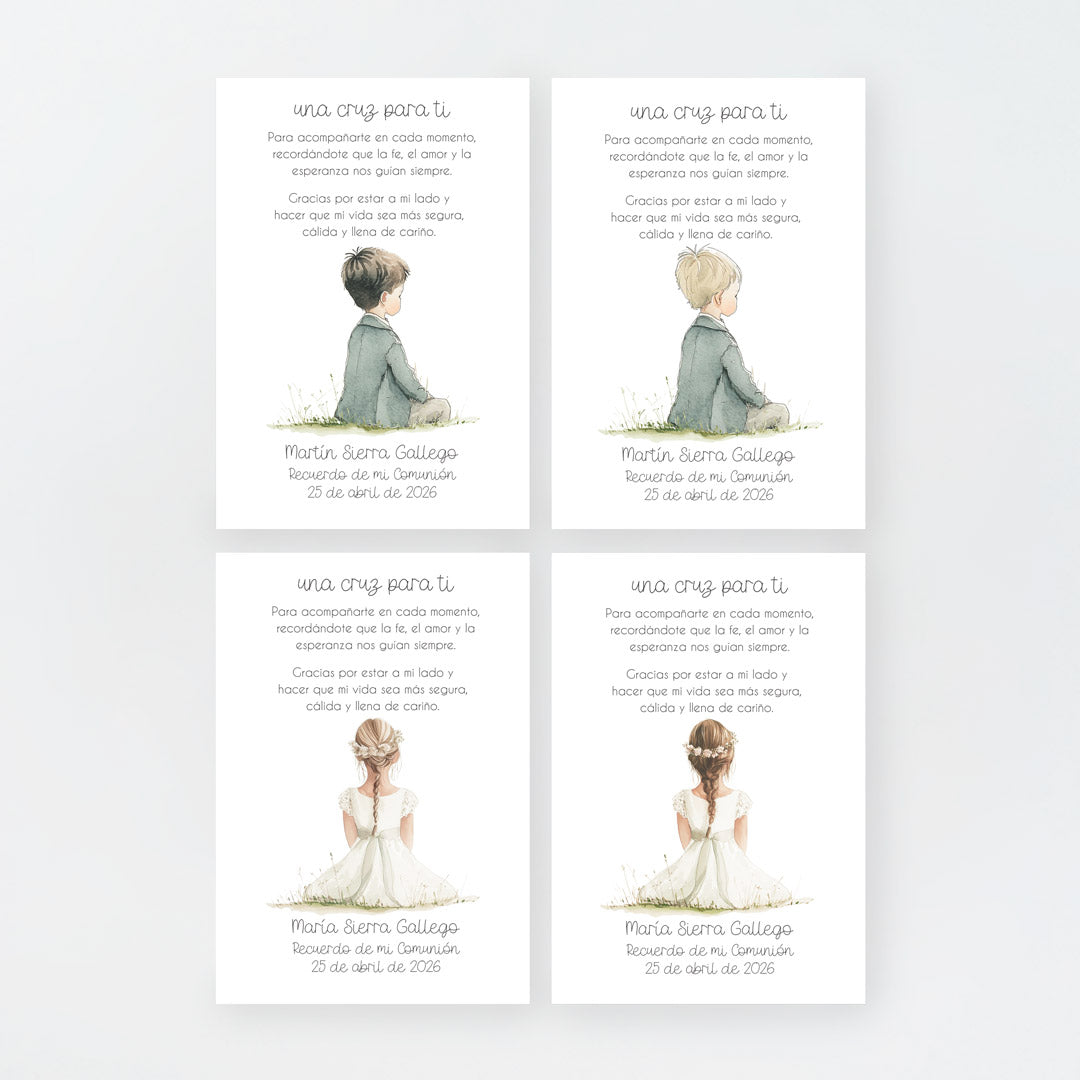 Tarjeta para invitados de comunión que acompaña a la pulsera cruz. Diseño de la colección Boho. 