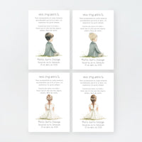 Tarjeta para invitados de comunión que acompaña a la pulsera cruz. Diseño de la colección Boho. 