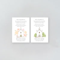 Tarjeta para invitados de comunión que acompaña a la pulsera cruz. Diseño de la colección Iglesia. 