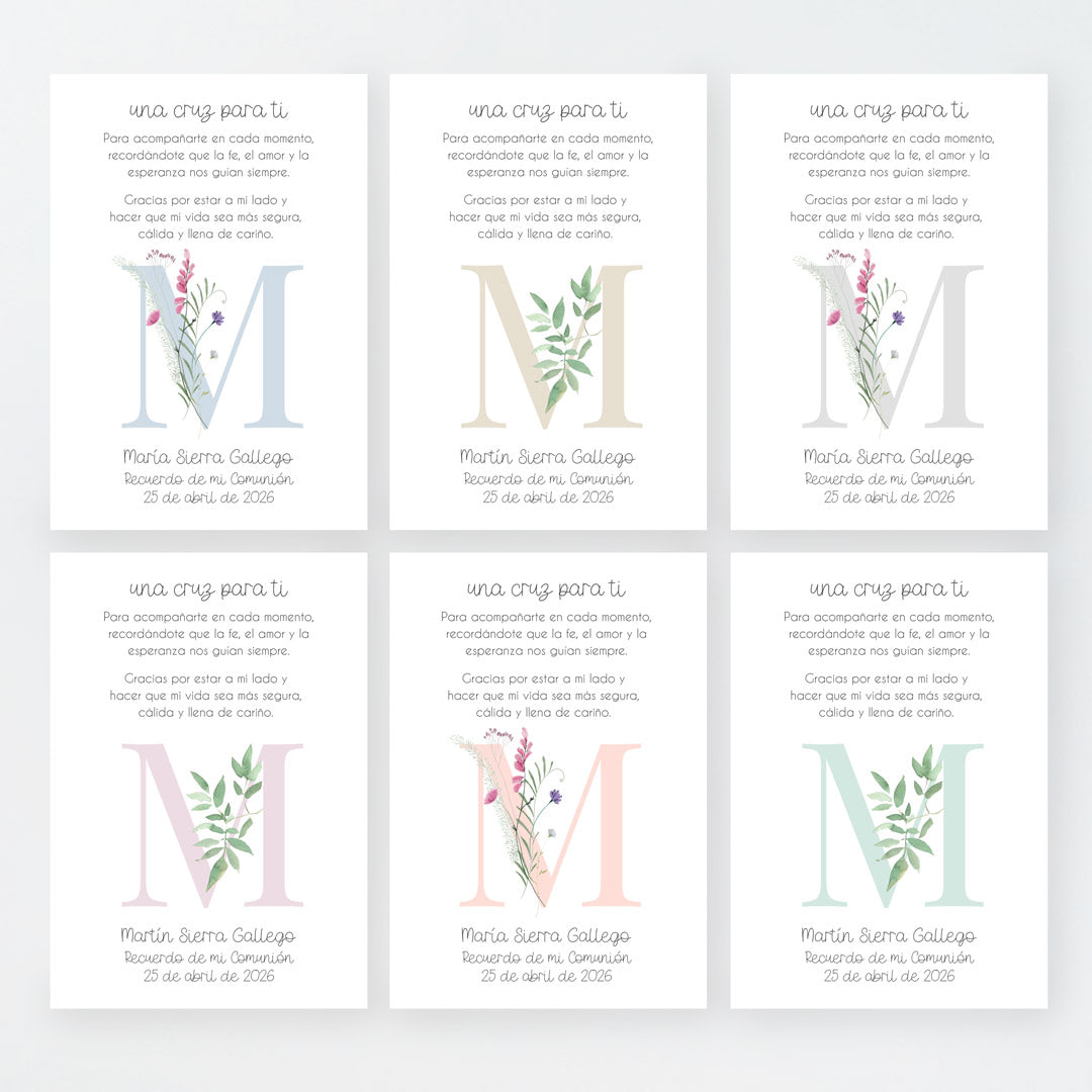 Tarjeta para invitados de comunión que acompaña a la pulsera cruz. Diseño de la colección Inicial. 