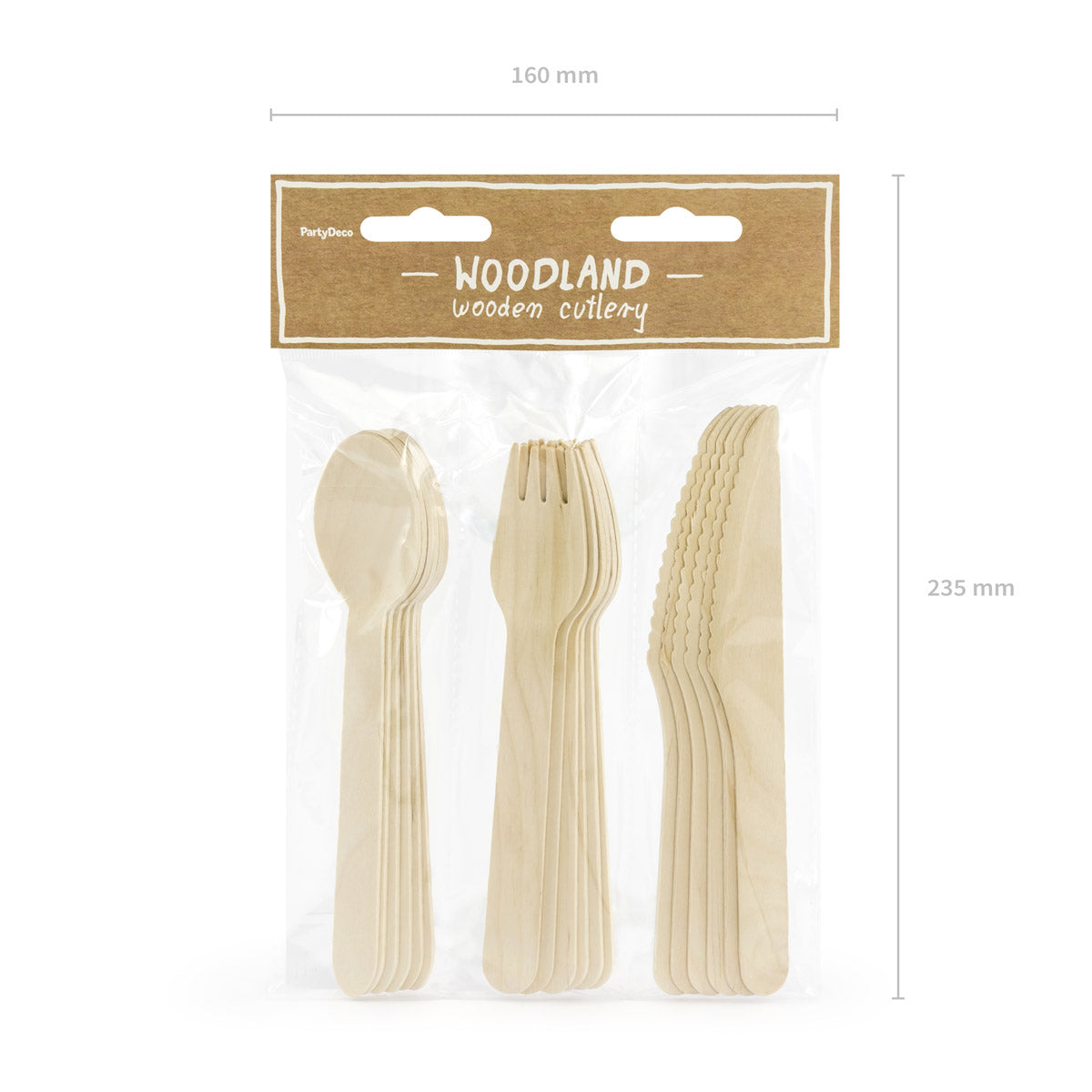 Pack de 18 cubiertos de madera (6 juegos con cuchara, tenedor y cuchillo de 16 cm). Ideal para mesa dulce o cumpleaños.