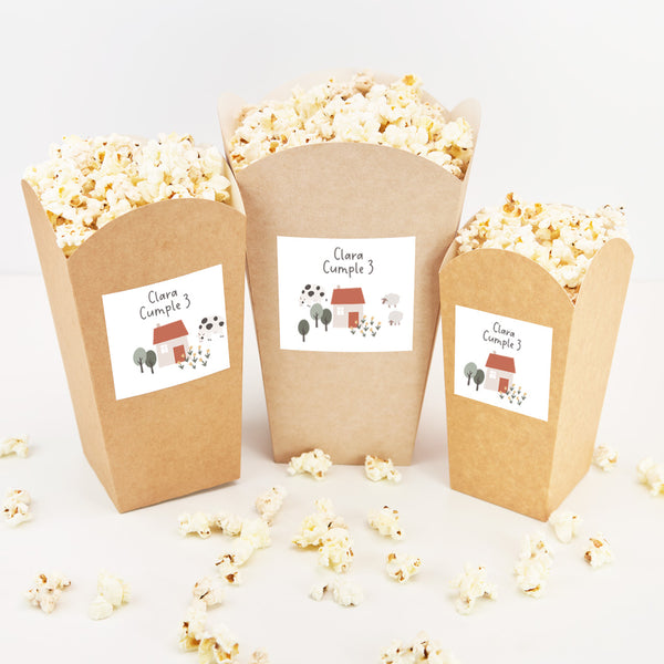 Cubo de palomitas y chuches personalizado temática granja con vaca y ovejas ilustradas para mesa dulce de cumpleaños