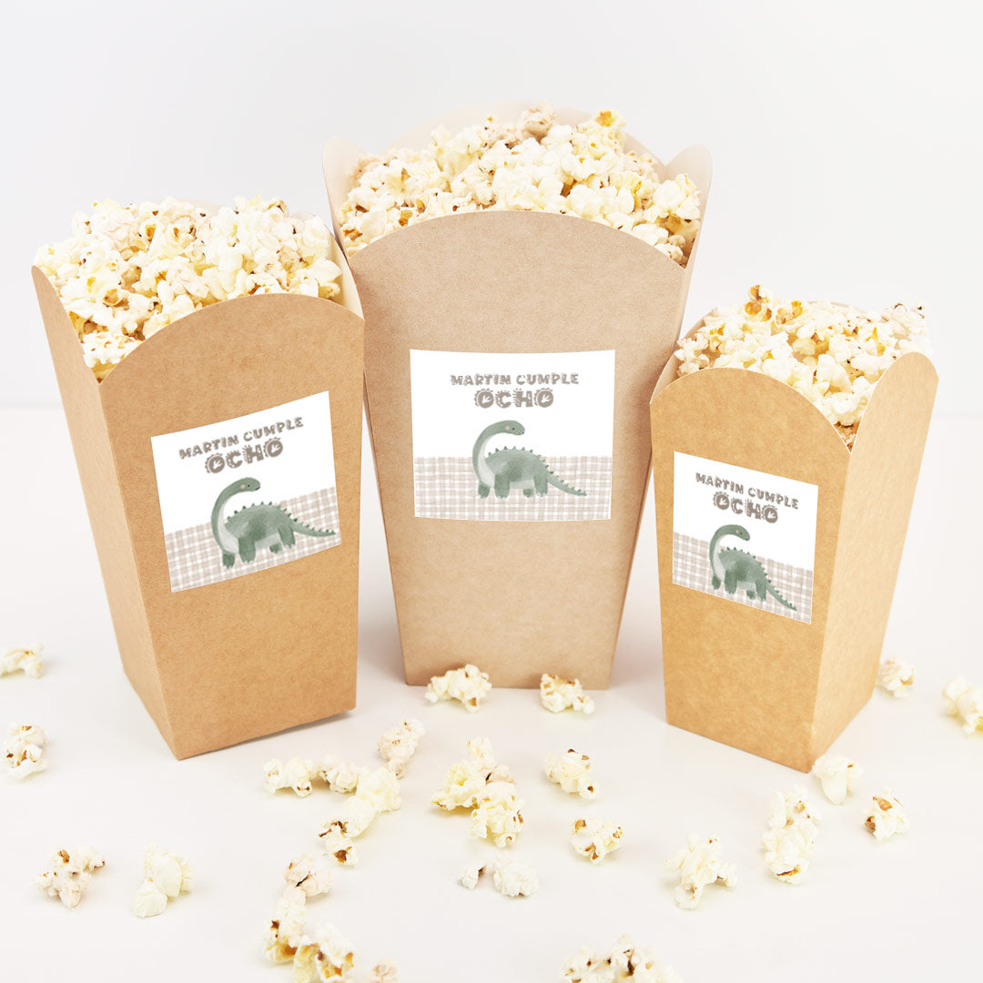 Cubo de palomitas y chuches personalizado temática dinosaurio con estampado vichy beige para mesa dulce de cumpleaños infantil