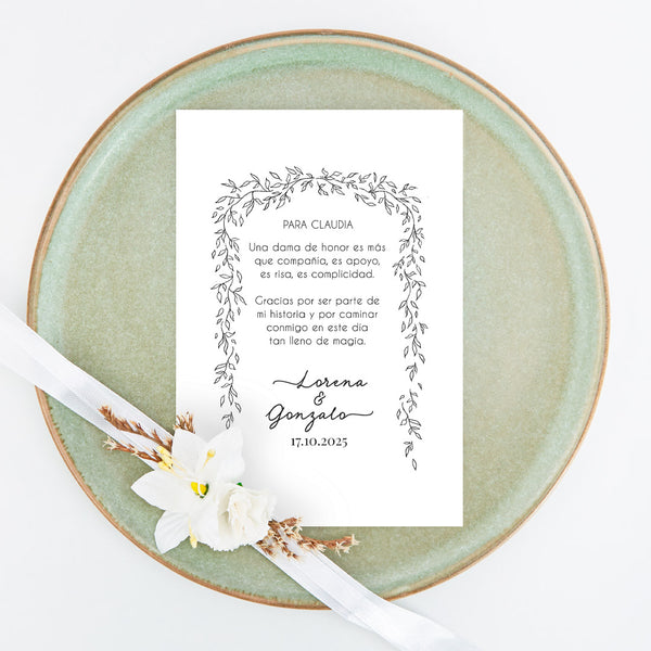 corazón de madera grabado con tarjeta de agradecimiento para damas de honor de Boda de la colección Bosque Secreto