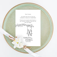 corazón de madera grabado con tarjeta de agradecimiento para damas de honor de Boda de la colección Susurros con diseño de chica y chica