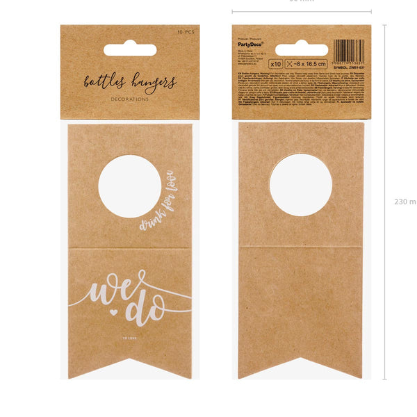 Colgadores de papel kraft con inscripción blanca We Do. Pack de 10 unidades para decoración de botellas en bodas.