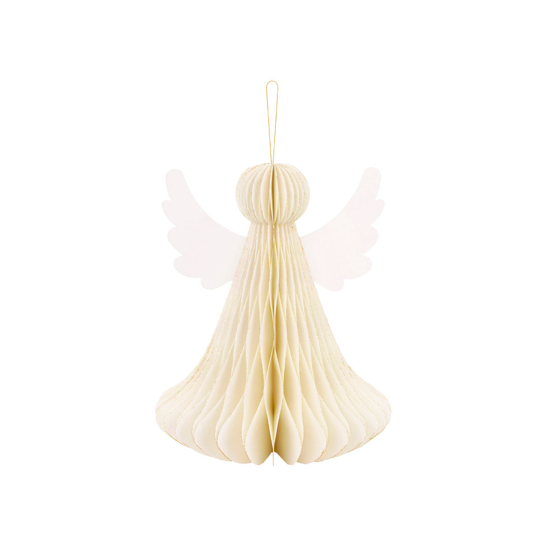 Detalle de la decoración de papel panal con forma de ángel en marfil y purpurina dorada, 24 cm