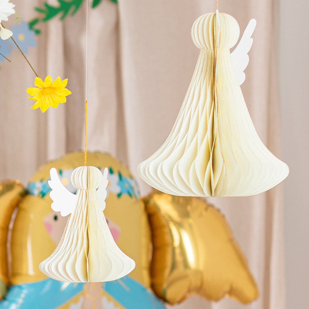 Decoración de papel panal con forma de ángel en marfil y purpurina dorada, 24 cm en bautizo