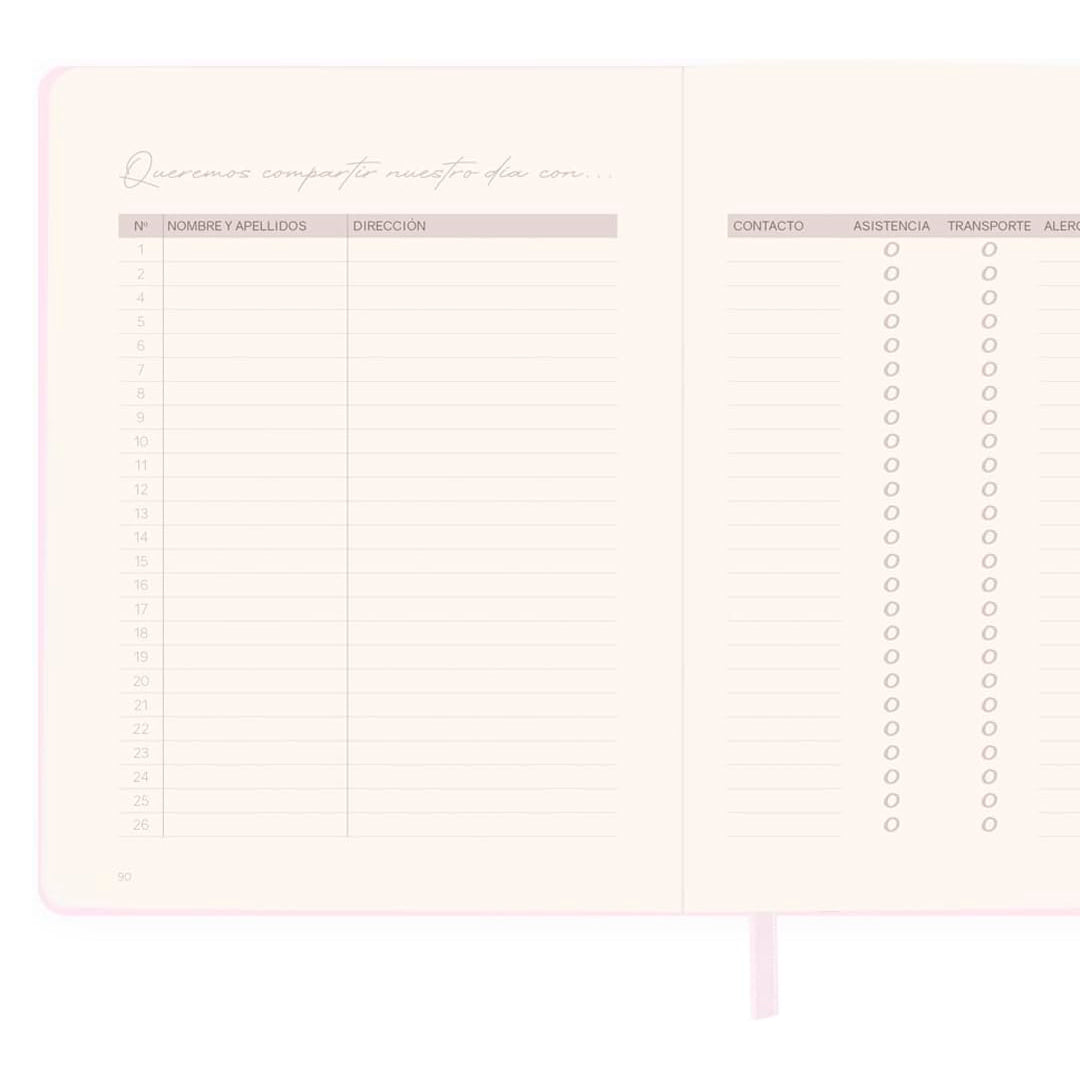 Interior del Diario de Nuestra Boda, wedding planner de 256 páginas con bolígrafo, tapa blanda.  Página de contacto invitados