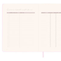 Interior del Diario de Nuestra Boda, wedding planner de 256 páginas con bolígrafo, tapa blanda.  Página de contacto invitados