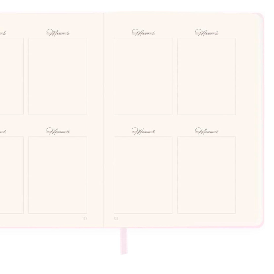 Interior del Diario de Nuestra Boda, wedding planner de 256 páginas con bolígrafo, tapa blanda.  Página de seating plan