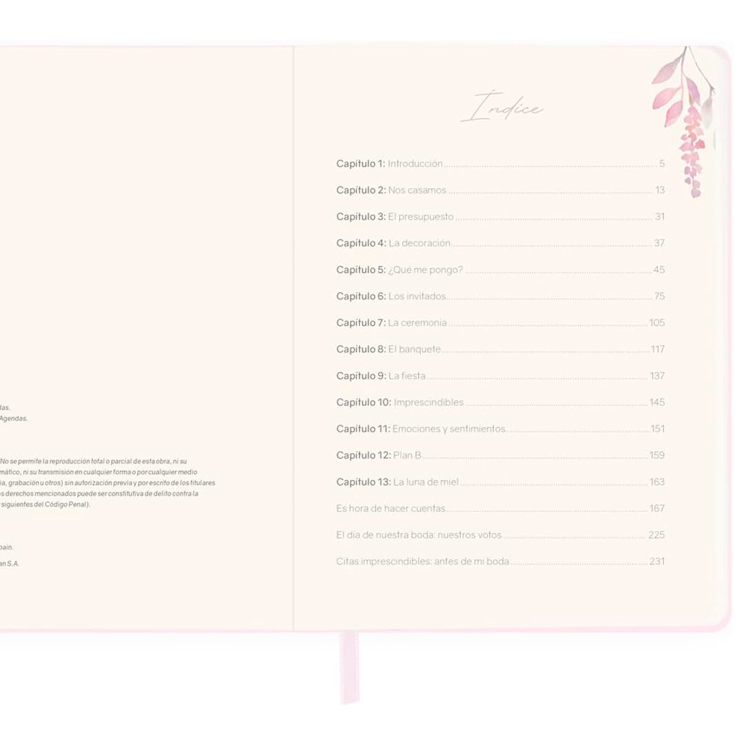Interior del Diario de Nuestra Boda, wedding planner de 256 páginas con bolígrafo, tapa blanda.  Página Índice