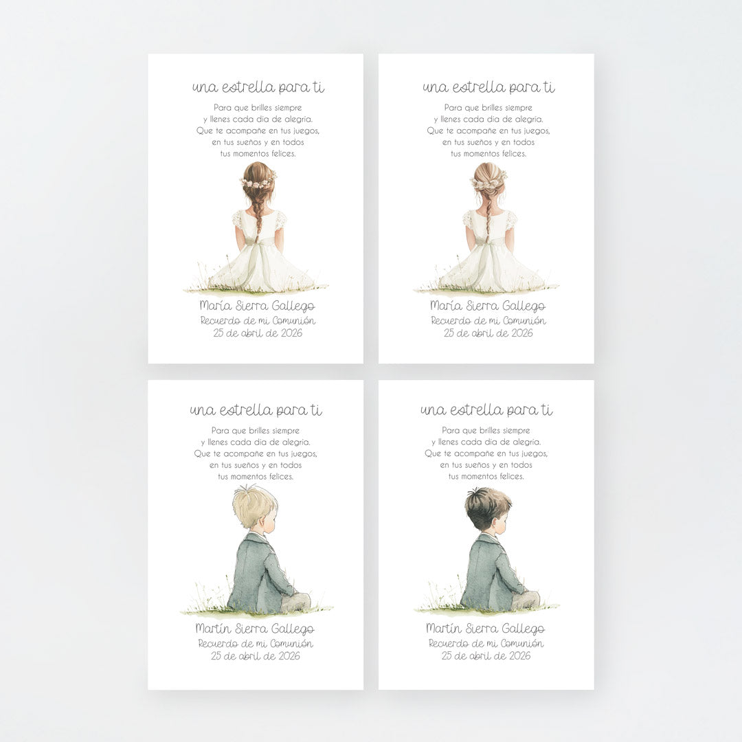 Tarjeta para invitados de comunión que acompaña a la pulsera infantil estrella . Diseño de la colección Boho. 
