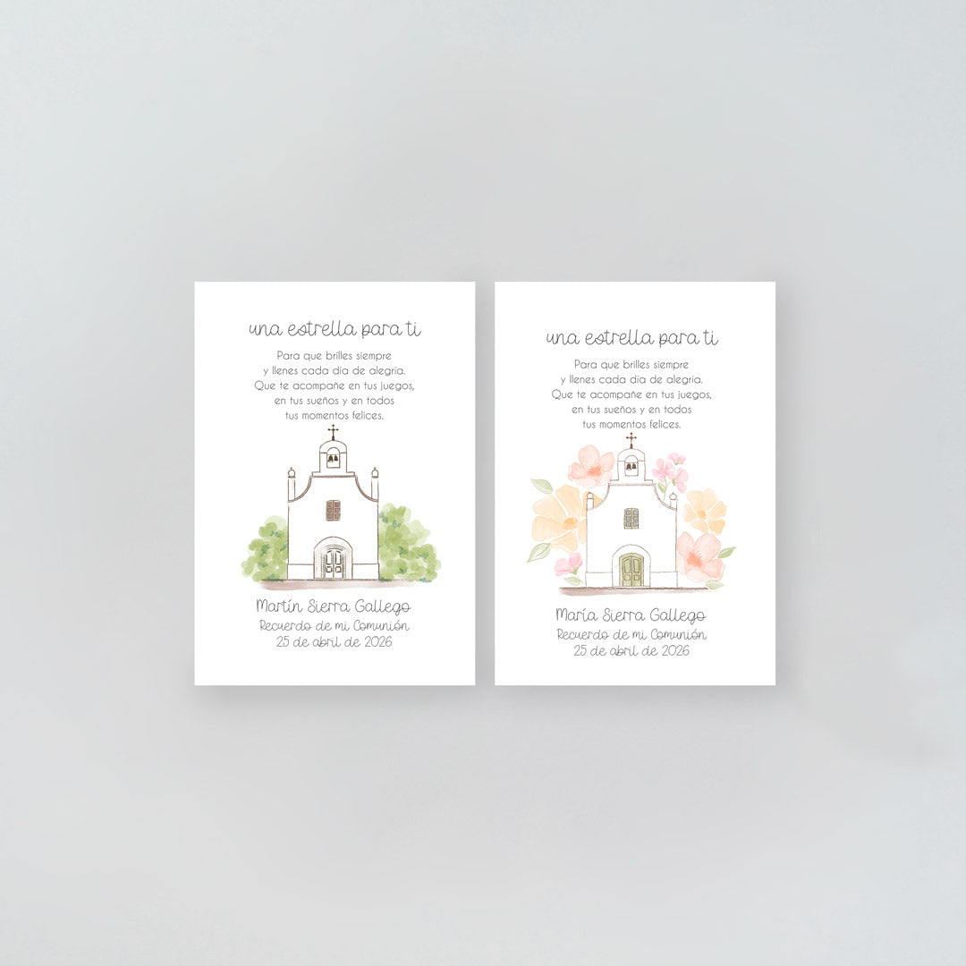 Tarjeta para invitados de comunión que acompaña a la pulsera infantil estrella . Diseño de la colección Iglesia. 