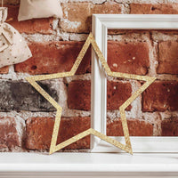 Set de 3 estrellas de madera doradas con purpurina. Tamaños de 35 a 26,5 cm. Decoración elegante para fiestas y Navidad.